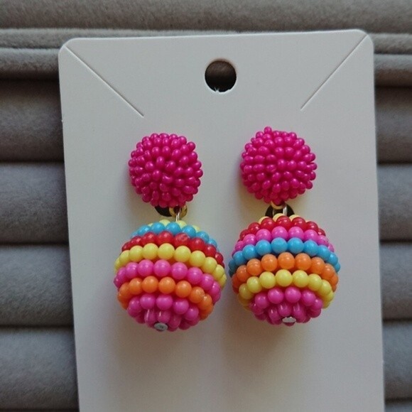 Seed Beaded Ball Drop Earrings - pink/yellow/light pink color combo - Picture 4 of 7
